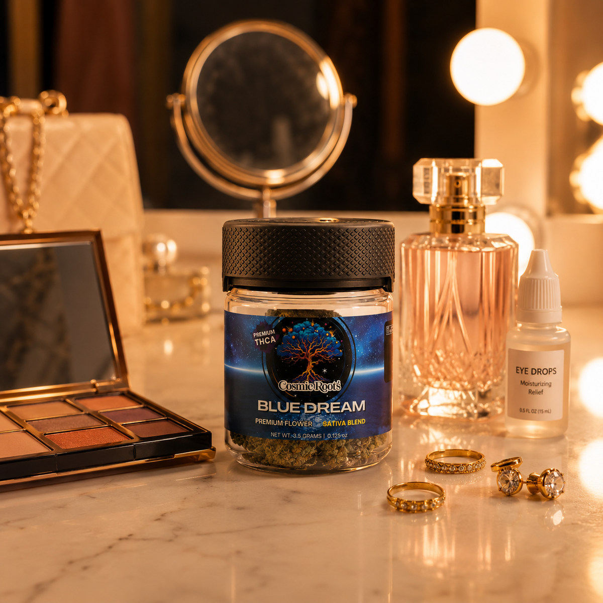 Blue Dream THCa Flower on a vanity with jar, mirror, and perfume