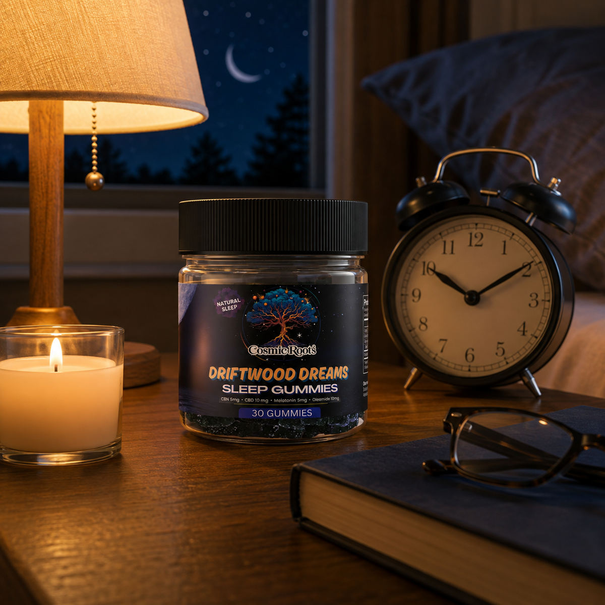 Driftwood Dreams Sleep Gummies on a nightstand with candle and alarm clock