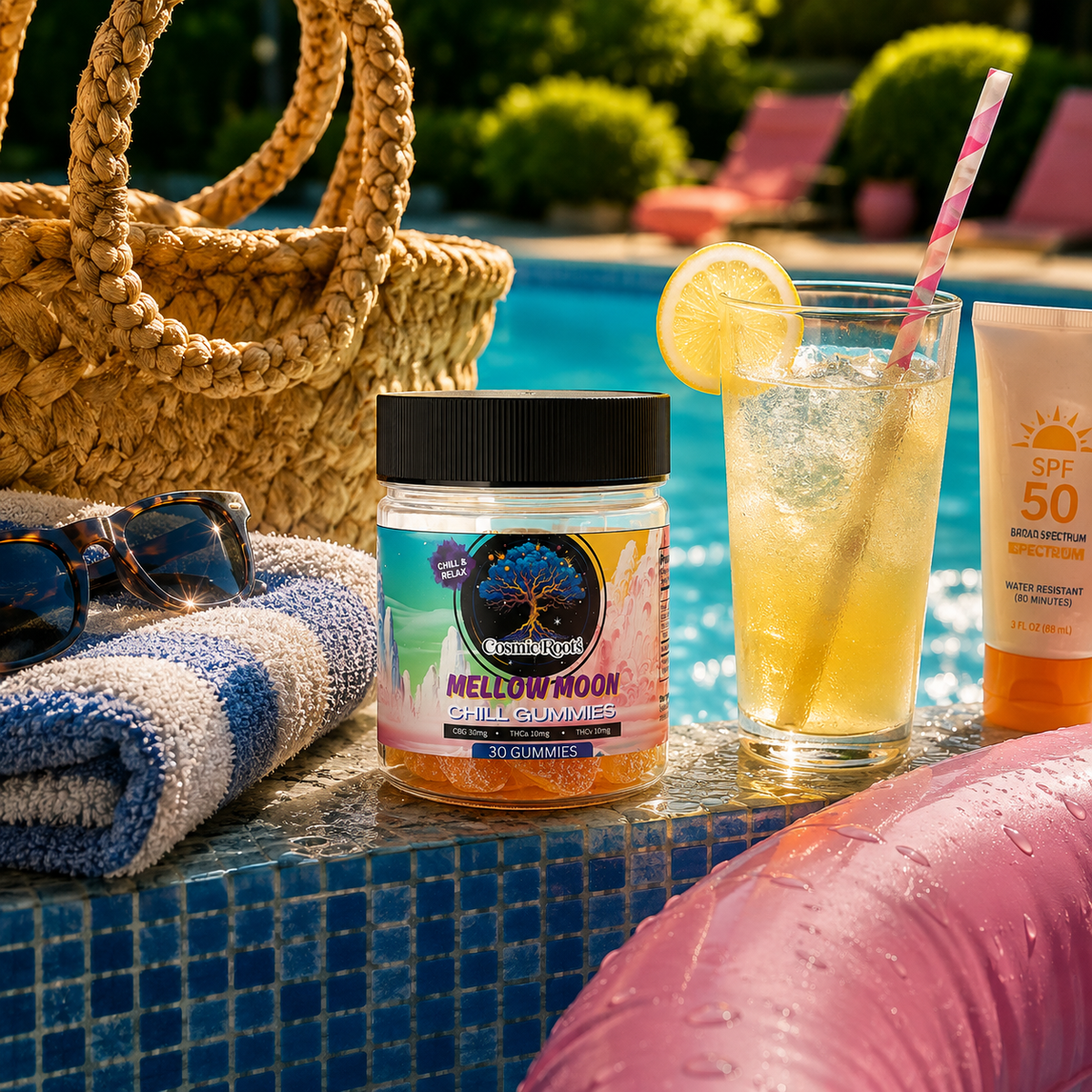 Mellow Moon Chill Gummies poolside with lemonade and sunscreen