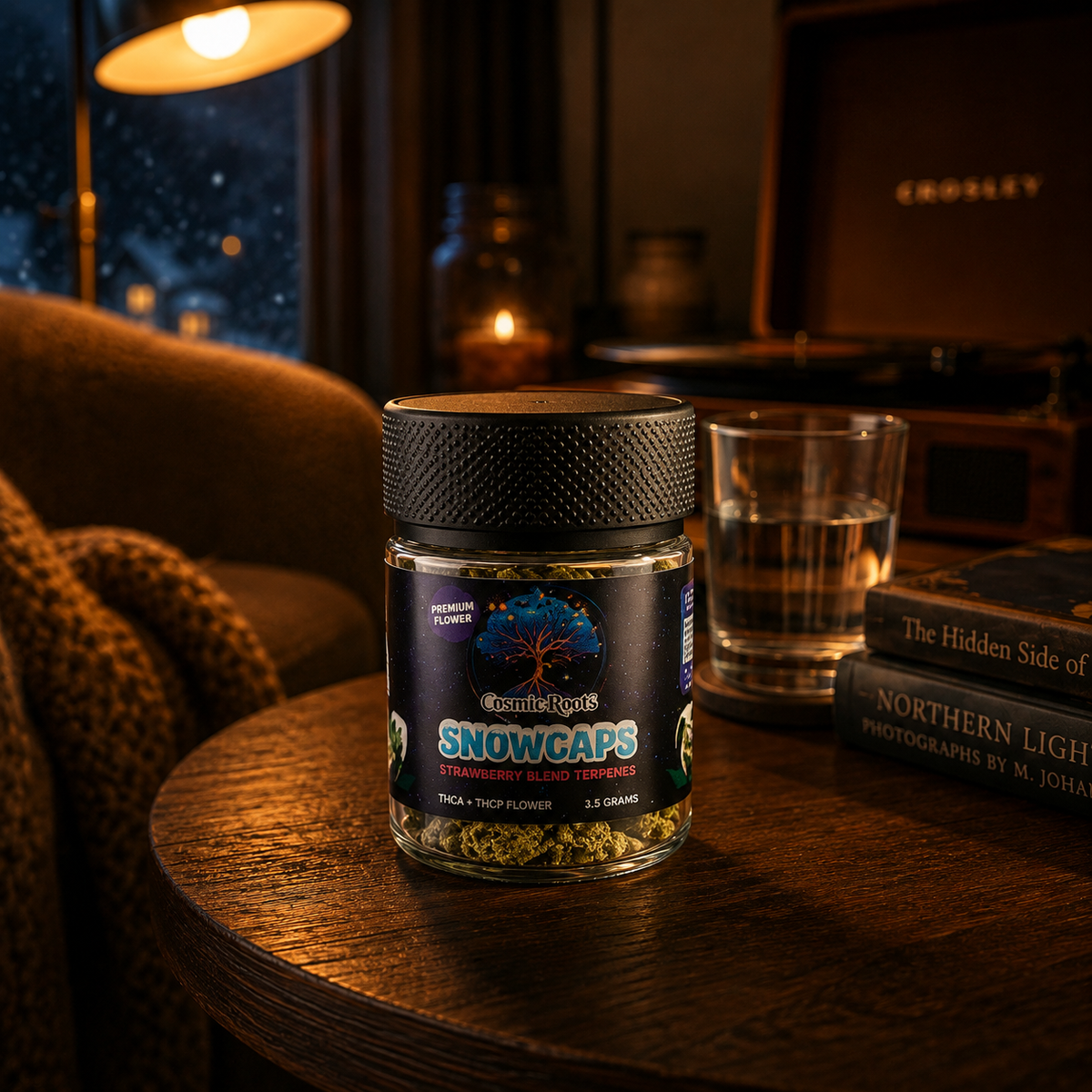 Snowcaps THCa Flower jar in a cozy living room at night