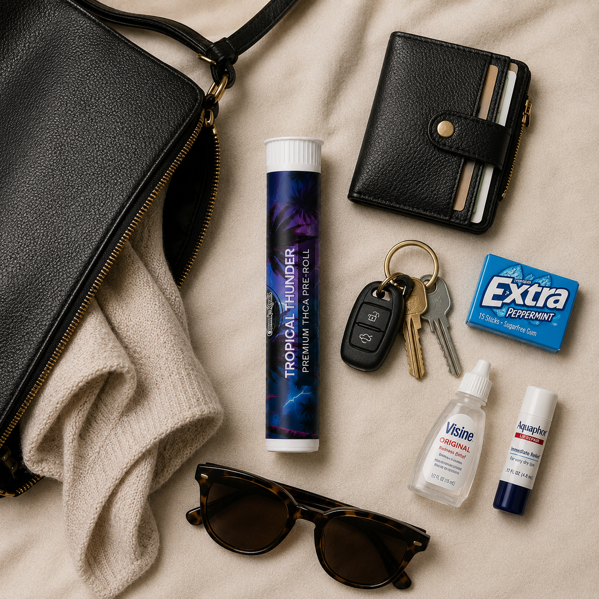Tropical Thunder THCa Pre-Roll next to a purse, keys, and sunglasses